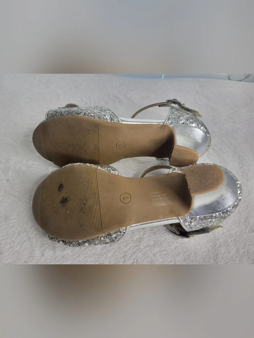 Silver Glitter Dress Low Heel Sparkly Bow Girls Sz 1 PANDANINJIA Church Fancy